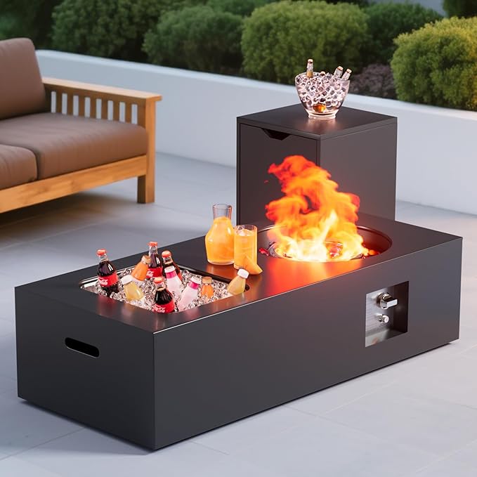 Dineli 2-Piece Outdoor Propane Fire Pit Table Set w Tank Table 48'' Rectangular Firepit w Ice Bucket Gas Fire Pits for Outside Patio Tabletop Fire Pits, 50,000 BTU, Black