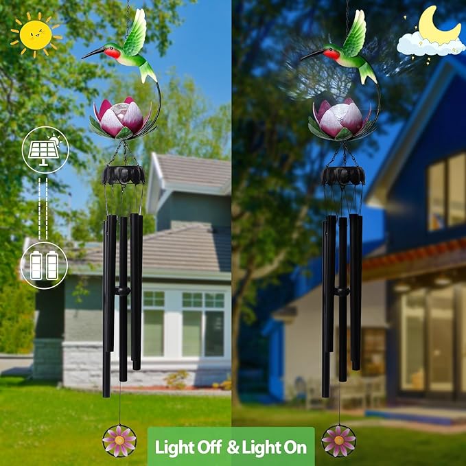 MUMTOP Solar Wind Chimes for Outside - Hummingbird with Lotus Crack Glass Ball Lights Wind Chimes Outdoor Unique, Windchimes Clearance for Garden, Patio,Yard Decor Gift