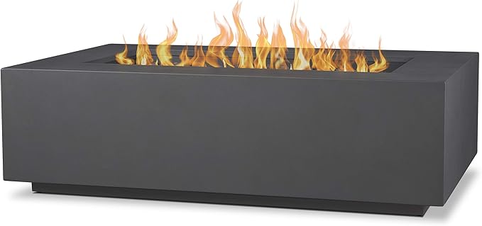 Real Flame Aegean 50in Rectangle Propane or Natural Gas Fire Pit Table, 50,000 BTU, Powder-Coated Steel, Push-Button Ignition, CSA Certified, Lava Rock, Storage Cover, Stainless Steel Burner with Lid