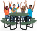 Metal Picnic Tables for Outdoors with Umbrella Hole - Coated Steel Heavy Duty Commercial Grade Furniture Set with Adjustable Seats (Green, 46 in, Round, Punched Steel)