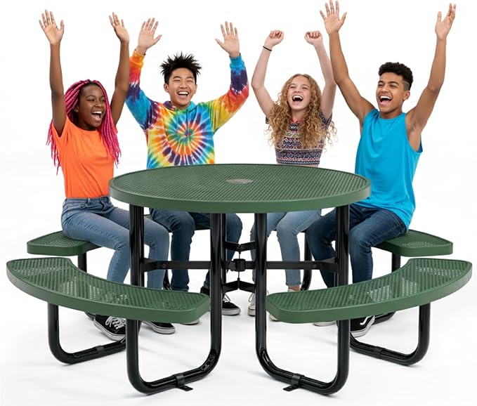 Metal Picnic Tables for Outdoors with Umbrella Hole - Coated Steel Heavy Duty Commercial Grade Furniture Set with Adjustable Seats (Green, 46 in, Round, Punched Steel)