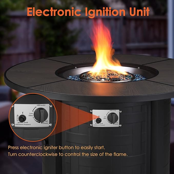 TLGREEN Propane Fire Pit Table 42in, 50,000 BTU Auto-Ignition Round Gas Fire Pits for Outside Patio, Fire Table with Waterproof Cover, Blue Stone and Lid