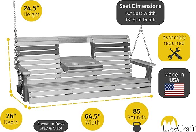 LuxCraft Rollback 5ft Recycled Plastic Plain Porch Swing with Flip Down Center Console