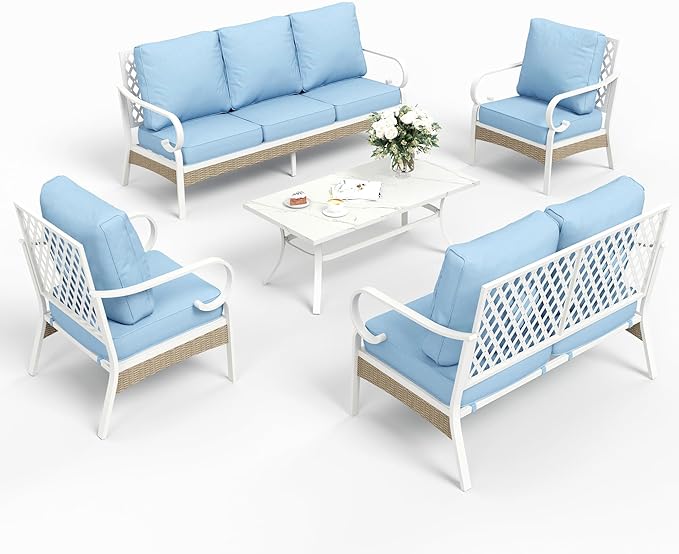 SUNSHINE VALLEY 6 Piece Metal Outdoor Patio Furniture Set, Patio Conversation Sets 3-Seater Sofa, 2 Fixed Chair, 2 Swivel Chair with 5.75" Thick Cushion & Coffee Table White Backyard Furniture, Blue