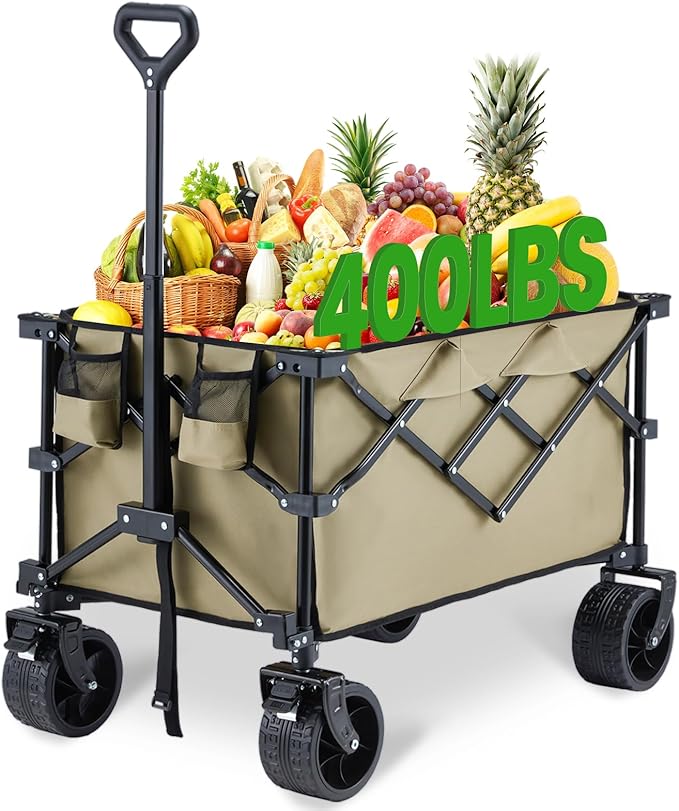 Bezseller Collapsible Wagon 400lbs, Wagons Carts Foldable, Beach Carts with Big Wheels for Sand, Heavy Duty Wagon, Utility Folding Cart with All-Terrain Wheels, Garden Carts Sports Beach, Khaki