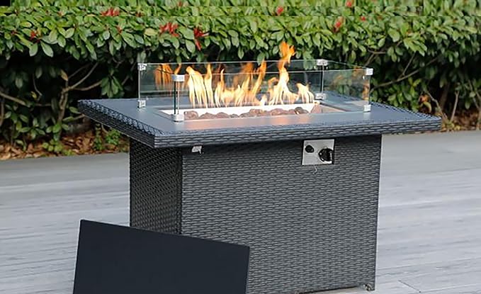 Fully Assembled Premium All-Weather Patio 11 Piece Outdoor Black Wicker Conversation Set Sunbrella White with 42-inch Propane Gas Fire Table