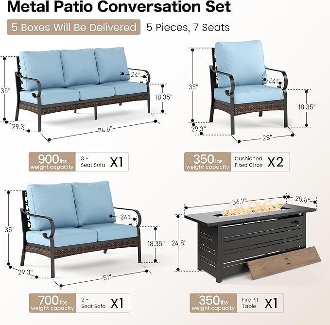 SUNSHINE VALLEY 5 Piece Metal Outdoor Patio Furniture Sets with Firepit Table, Patio Conversation Sets 1 3-Seater Sofa, 1 2-Seater Loveseat, 2 Single Sofa with 5.75" Cushion for Backyard Deck, Blue
