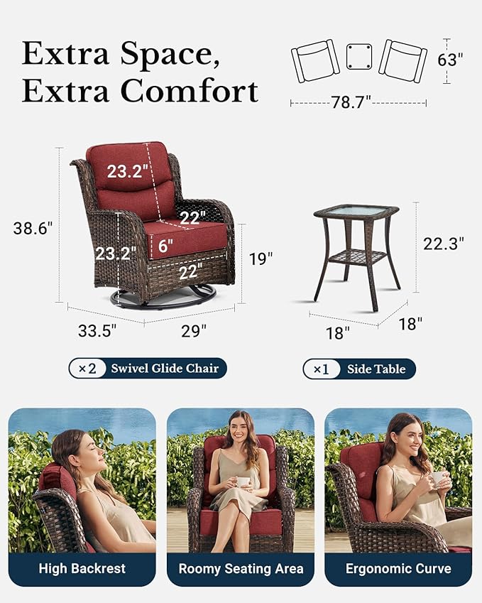 HILLGA Luxury Outdoor Swivel Rocker Patio Chairs of 2 with 6 Inch Thick Cushions and Side Table, Swivel Outdoor Chairs 3PCS High Back Wicker Patio Furniture Set for Porch, Balcony, Deck in Burgundy