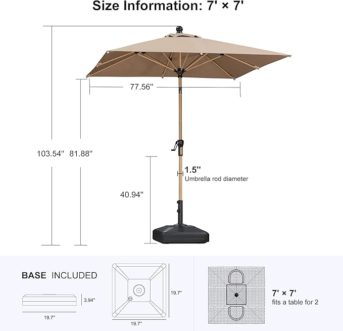 PURPLE LEAF 6.5' x 6.5' Patio Umbrella with Base Square Outdoor Table Umbrella Market Umbrella with Push Button Tilt & Crank and 8 Ribs Aluminum Outdoor Umbrella for Pool Backyard Beach, Taupe