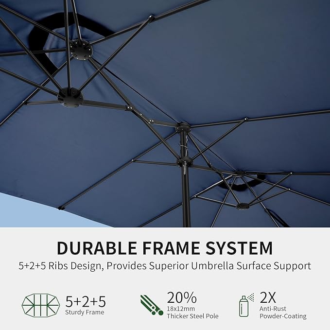 OLILAWN Patio Table Umbrella, 15ft Large Deck Umbrella with Base Included, Outdoor Double-Sided Rectangle Market Umbrella with Aluminium Crank, 12 Sturdy Ribs, for Deck Porch Garden, Dark Blue