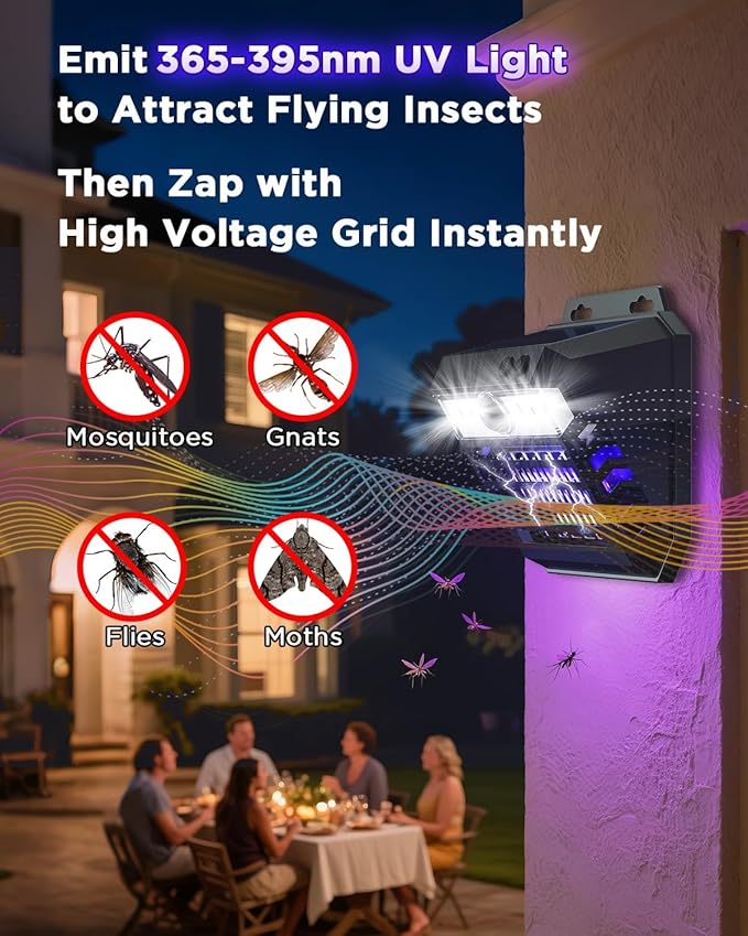 2-in-1 Solar Bug Zapper Outdoor Waterproof with Motion Sensor Light, Cordless Mosquito Zapper Outdoor with 3 Modes, Rechargeable Mosquito Killer Lamp for Patio (Black)