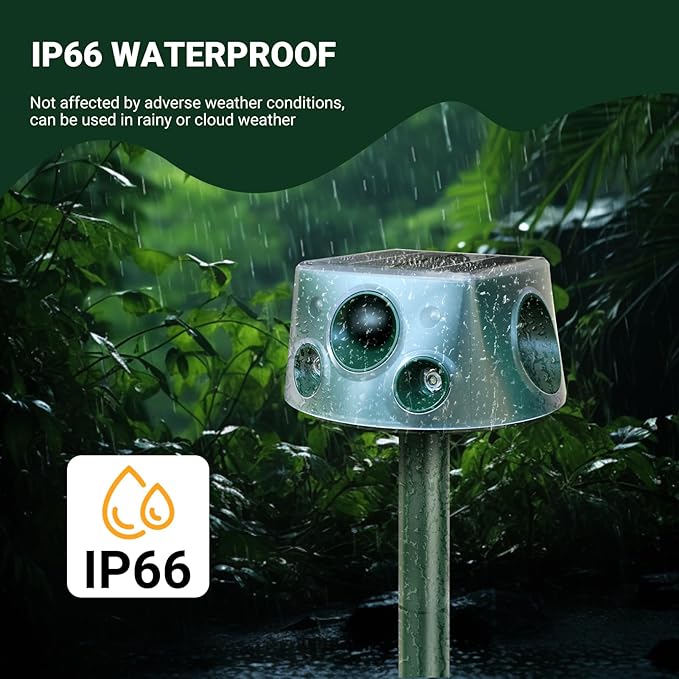 360° Deer Repellent Device, IP66 Waterproof Solar Ultrasonic Animal Repellent, Pest Repeller with Motion Detection & PIR Sensors, Cat Deterrent Outdoor for Repelling Sankes, Raccoons, Cats, Dogs