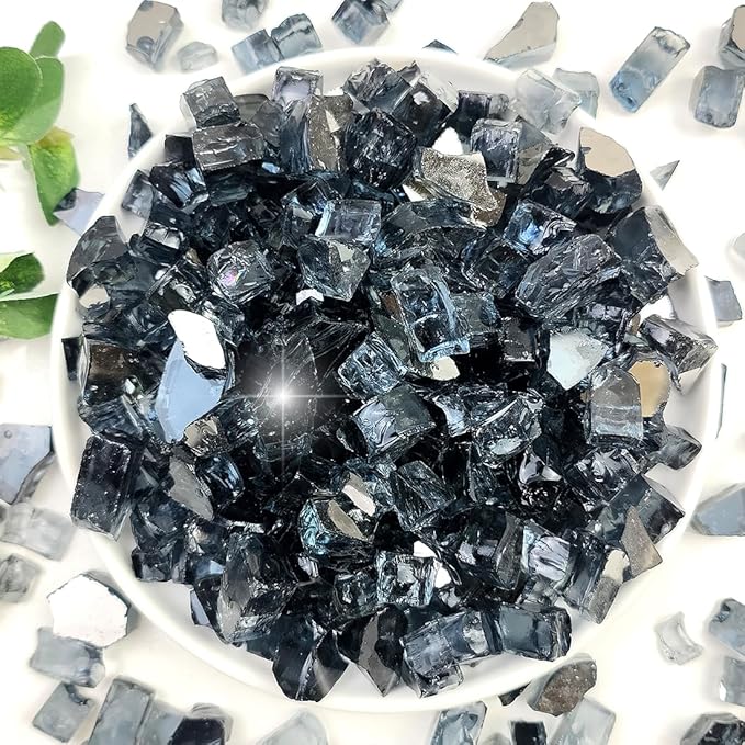 Fire Glass for Propane Fire Pit, 1/2 Inch High Reflective Fireplace Glass Rocks for Fire Pit Table, Fire Pit Glass Rocks for Outdoor Fire Table and Landscaping, 5 lbs, Black Reflective