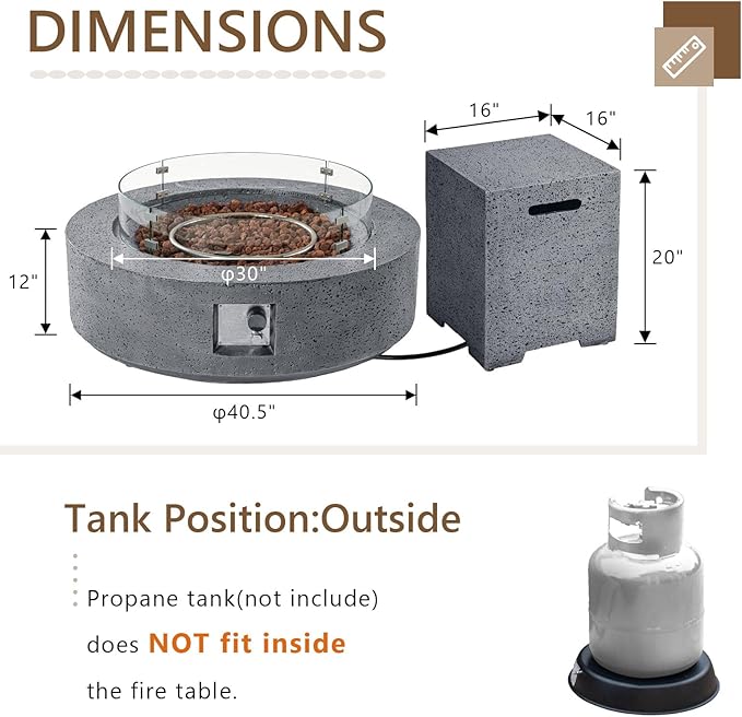 COSIEST 42 inch Outdoor Propane Fire Pit Coffee Table w Concrete Round Base Patio Heater, Certified, 50,000 BTU Stainless Steel Burner, Free Lava Rocks, Rain Cover, Wind Guard, Tank Cover, Gray