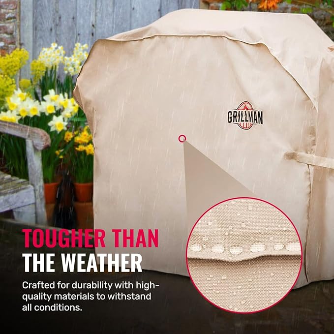 Grill Cover by Grillman, Tan, 64 Inch, BBQ Outdoor Grill Covers, Charcoal & Gas Grills, Waterproof, Rip-Proof, Weather-Resistant, Anti-UV, Barbecue Cover for Weber, Genesis, Charbroil, Nexgrill, etc