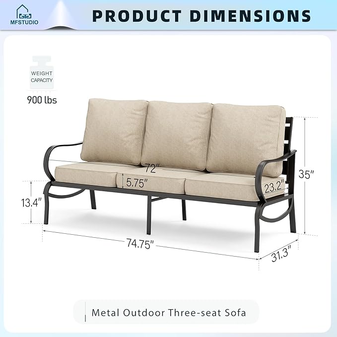 MFSTUDIO Patio Furniture Sets,Outdoor Metal Patio Conversation Sofas with 1 x 3-Seat Sofa for Garden,Beige Cushion