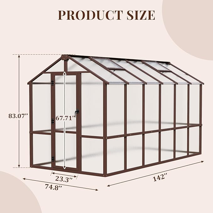 6x12 FT Wooden Greenhouse, Polycarbonate Greenhouse with Adjustable Roof Vents and 6MM Thick Polycarbonate Panel, Walk-in greenhouses for Outdoors for Garden Backyard, Patio, Lawn, Brown