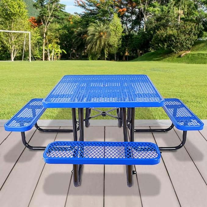 KUFUH 46" Square Metal Picnic Table for 4-8 Person, Durable Heavy Duty Commercial Picnic Table with Umbrella Hole for Outdoor Coffee Shop, School, Hospital, Easy to Install, Blue