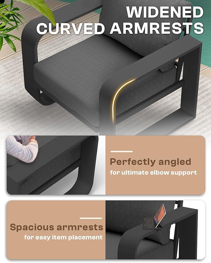 Oasbira Aluminum Outdoor Patio Furniture Set, 4 Piece Oversized Patio Conversation Sets Widened Armrest & Ultra-Thick Cushions, Heavy Duty Modern Sectional Furniture for Backyard, Deck, Graphite