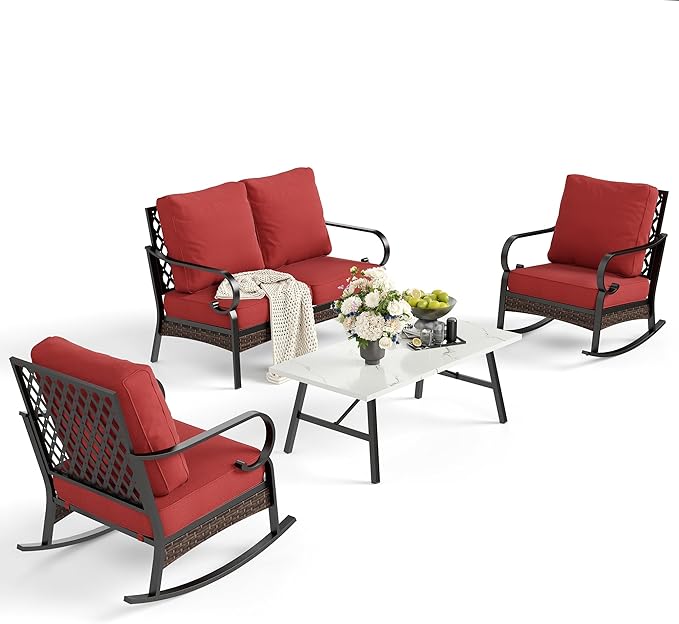 SUNSHINE VALLEY 4 Piece Metal Outdoor Patio Furniture Sets, Patio Conversation Sets 1 Loveseat, 2 Rocking Sofa with 5.75" Extra Thick Cushion and Coffee Table, Balck Frame Backyard Furniture, Rust Red
