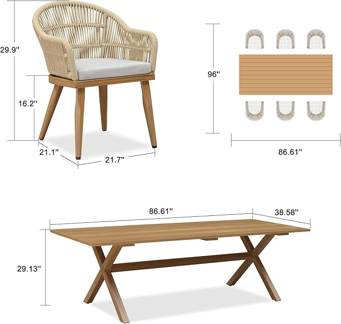 PURPLE LEAF 7 Pieces Longer Patio Dining Set with Outdoor Aluminium Dining Table and Woven Chairs Modern Metal Furniture Cushions Sets for Garden Yard Indoor Decor Kitchen Teak