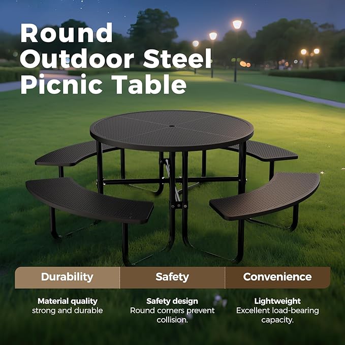 Rueekfil 46" Coated Picnic Table with Umbrella Hole, Heavy Duty Commercial Picnic Table for Outdoors, Family & Party Ready for School Camping, Round, Black