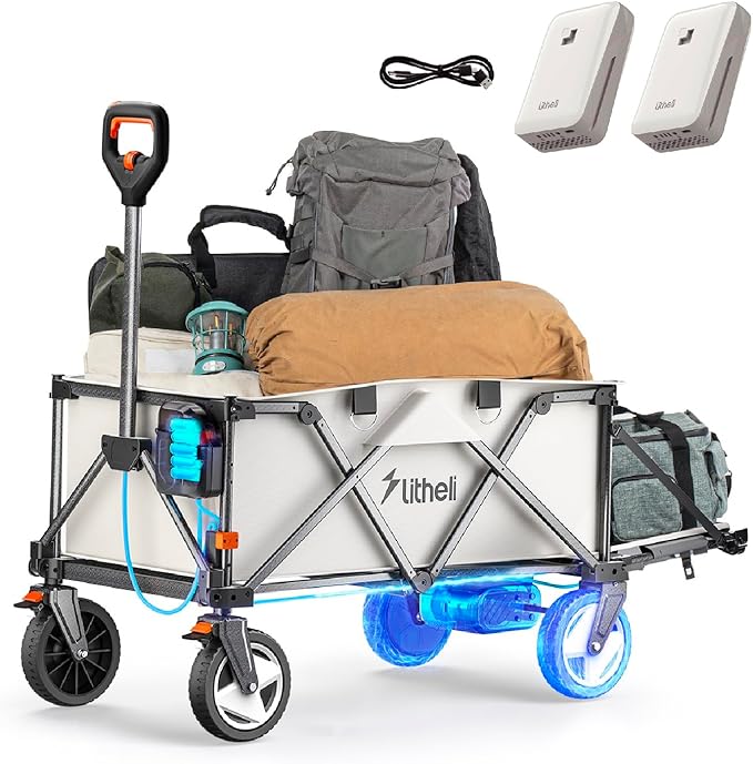 Litheli Electric Wagon Cart with 2 Batteries, All-Terrain Wheels & Variable Speed | 200L Capacity, 300 lbs Heavy-Duty Utility Wagon for Camping Beach Garden Shopping, SE-Beige