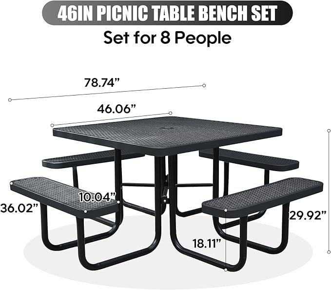 8-Person Outdoor Picnic Tables,46" Heavy-Duty Metal Square Picnic Table,Expanded Metal Commercial-Grade Table with 4 Benches & Umbrella Hole,Waterproof Coating Beach Table for Patio,Garden, Backyard