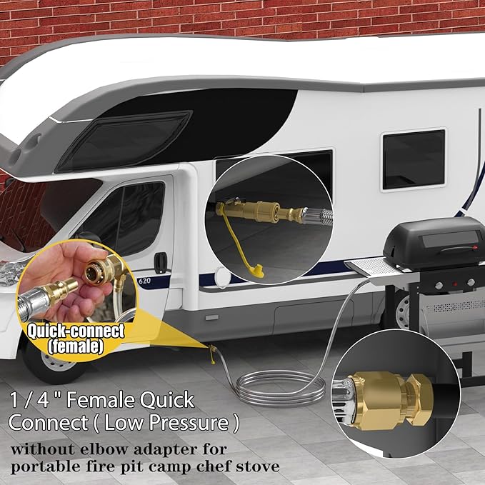 6FT Propane Quick Connect Hose for RV to Gas Grill, RV Quick Connect Propane Hose to RV 1/4" Female Quick Disconnect, with 1/4" Safety Shutoff Valve & Elbow Adapter for Blackstone 17"/22" Griddle
