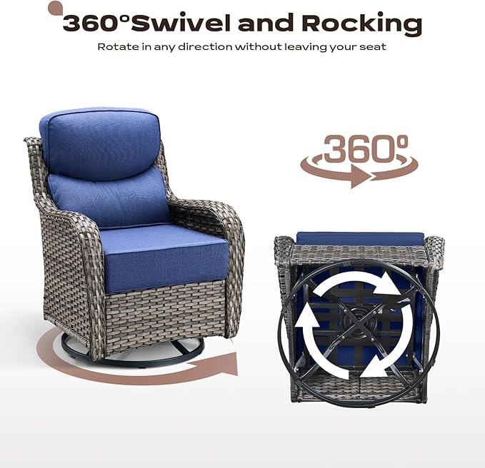 Rilyson Wicker Outdoor Patio Furniture Set - 8 Piece Patio Conversation Sets with Swivel Rocker Chairs, Ottomans, Sofa and Table, 6 inch Cushions, Deep Seating, for Porch Deck Mixed Grey/Blue