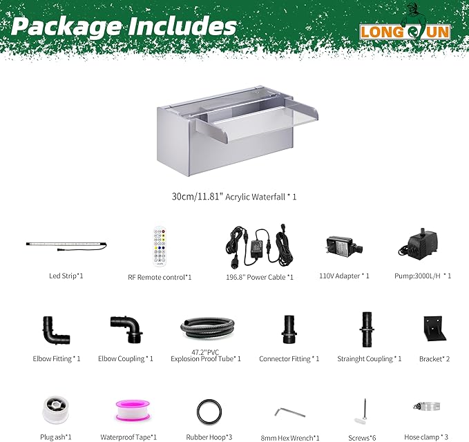 Longrun Pond Waterfall Box with Pump Kit, Transparent Acrylic Pond Waterfall Spillway with 680 GPH 3000L/H Pump for Ponds, Pond Spillway Color-Changing LED Light Strip for Garden (11.8")