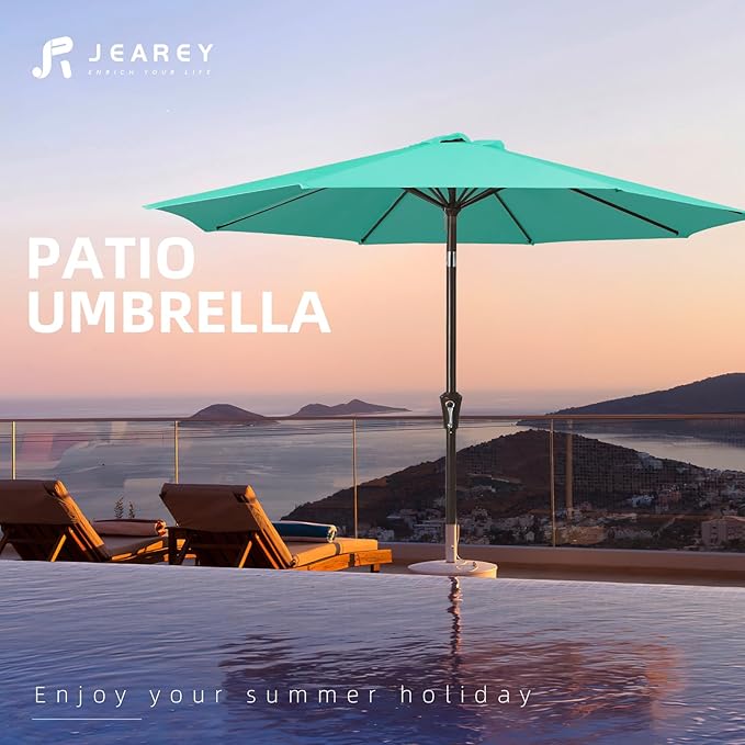 JEAREY 9FT Outdoor Patio Umbrella Outdoor Table Umbrella with Push Button Tilt and Crank, Market Umbrella 8 Sturdy Ribs UV Protection Waterproof for Garden, Deck, Backyard, Pool (Bright Teal)