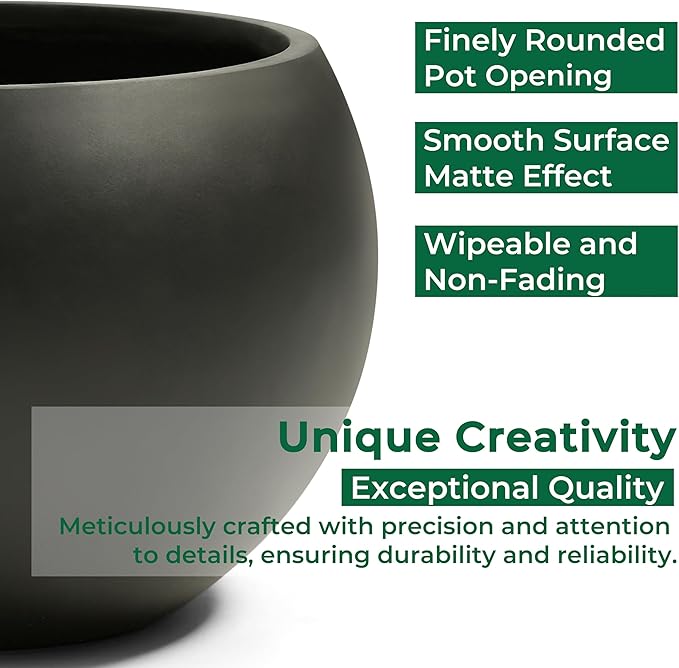 21.3" D Fiberstone Extra Large Planter, Black 16.6" Pot Opening x 14.8" H, Spherical Flower Pot with Drainage Hole, Weather Resistance Indoor Outdoor Planters
