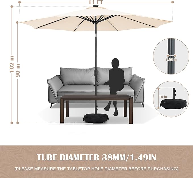 Sundale Outdoor Olefin 5-Year-Non-Fading Solar 104 LED 11FT Solar Patio Umbrella with Sand Bag Base, Outdoor Umbrella with Tilt and Crank, Beige