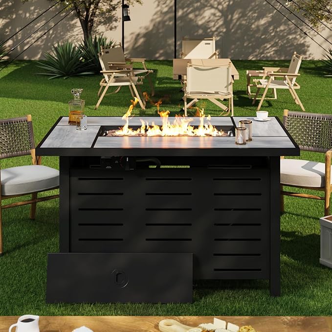 42" Outdoor Propane Fire Pit Table Ceramic Top & Lava Rocks,60000 BTU Rectangle Patio Heater Waterproof Lid Gas Fire Pits for Outside Patio Black