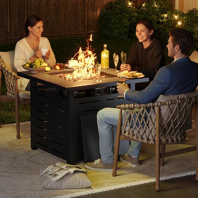 Aoxun 28" Propane Fire Pit Table Ceramic Top, 50000 BTU Outdoor Patio Heater with Lava Rocks, Rectangle Gas Fire Pits for Outside Patio with Removable Lid, Black