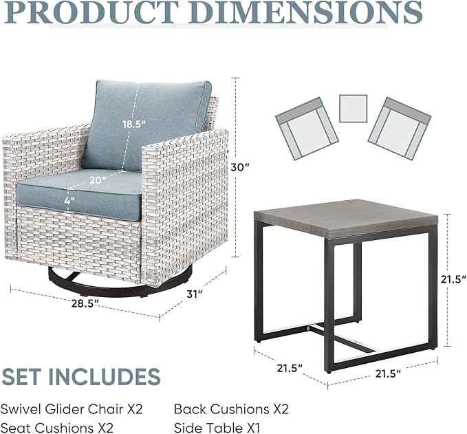 HUMMUH 3-Piece Patio Swivel Chairs,PE Wicker Outdoor Rocking Chairs Bistro Set with Side Table Porch Balcony Furniture with Cushions