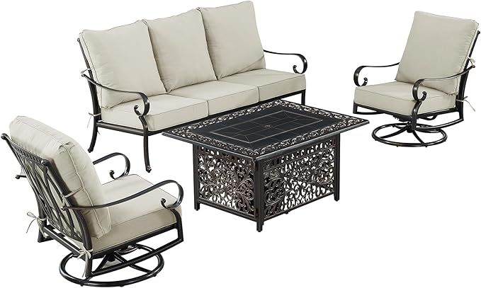 Oakland Living Black Aluminum Patio Fire Table Set with Deep Seating Sofa, Two Club Chairs and Wind Blocker