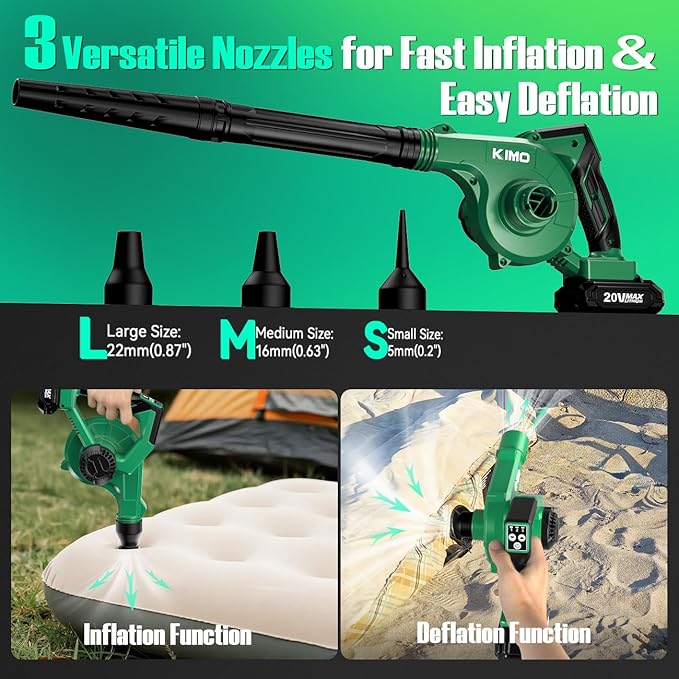 K I M O. Cordless Leaf Blower and Vacuum Combo 4 In 1, 3 Nozzles for Inflation and Deflation, 190MPH/260CFM, Smart Panel w/ 3Modes, 20" Extended Tube, 2Pack Battery Operated Leaf Blowers for Lawn Care