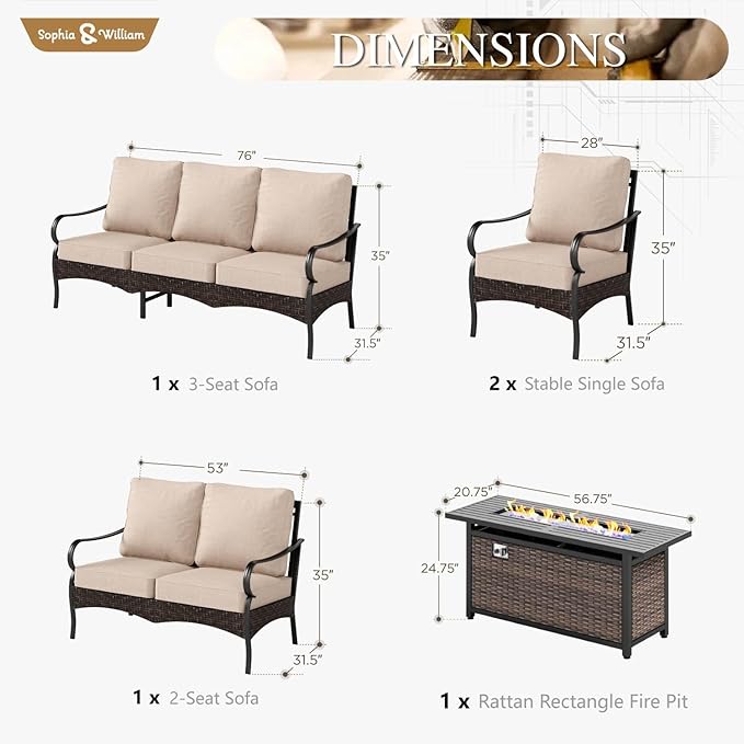 Sophia & William Patio Furniture Set with Fire Pit Table, 5 PCS Metal Outdoor Conversation Set with Fire Pit Table, 2 Sofa Chairs,1 Loveseat, 3-Seater Couch for Outdoor Seating, Backyard, Porch(Beige)