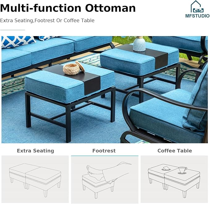 MFSTUDIO 7 Pieces Metal Patio Furniture Sets, 2 Swivel Chairs, 3-Seat Deep Seating Sofa, 2 Single Couch and 2 Ottoman, All Weather 9 Seats Outdoor Conversation Set for Garden Backyard, Navy Cushion