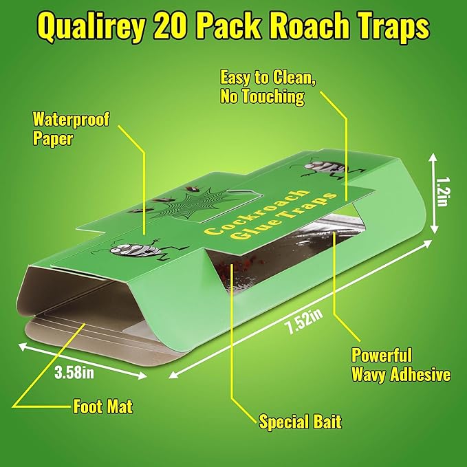 Qualirey 20 Pack Roach Traps, Roach Traps Indoor Sticky with Cockroach Bait, Cockroach Glue Trap Long Lasting and Non Toxic, Children and Pet Friendly, for Home, Kitchen, Bathroom, Storage Room