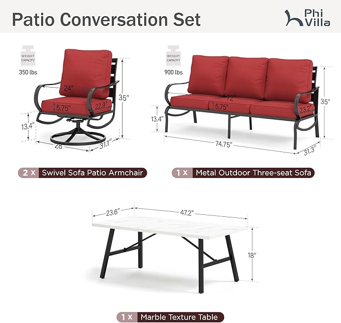 PHI VILLA 4 Piece Patio Furniture Sets for 5 Person with 1 x 3-Seat Deep Seating Bench, 2 x Cushioned Swivel Sofa Chairs & 1 x Coffee Table, Outdoor Metal Conversation Set for Lawn Garden, Red