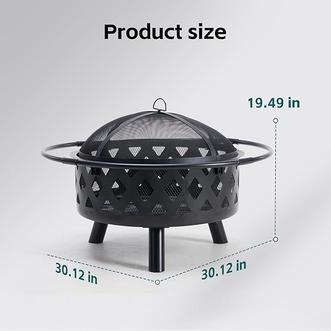 Smug 30 Inch Round Fire Pit, Wood Burning Fire Pits for Outside with Spark Cover Fire Poker, Outdoor Firepit for Patio, Backyard, Garden, Bonfire Party