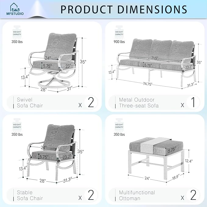 MFSTUDIO 7 Pieces Metal Patio Furniture Sets, 2 Swivel Chairs, 3-Seat Deep Seating Sofa, 2 Single Couch and 2 Ottoman, All Weather 9 Seats Outdoor Conversation Set for Garden Backyard, Burgundy Red