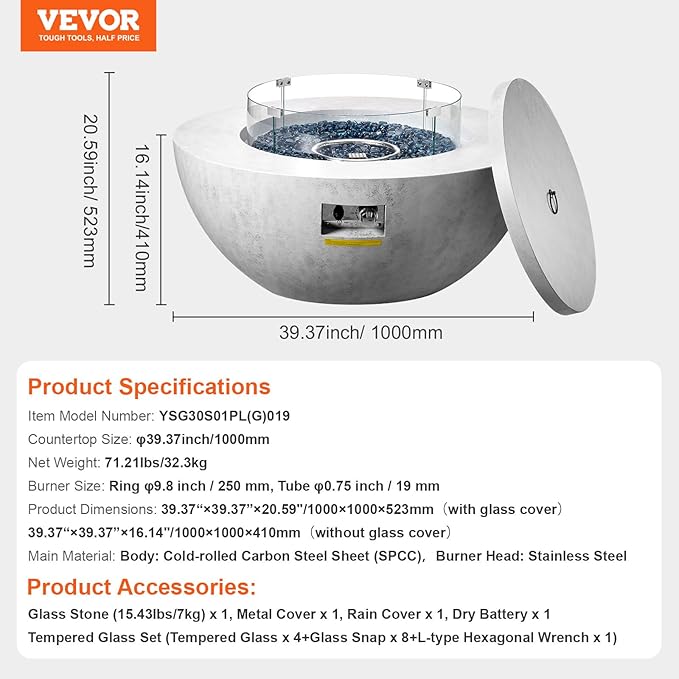 VEVOR Propane Fire Pit, Outdoor Concrete Gas Fire Pit, 39 in Tabletop with Lava Rocks, Lid,Rain Cover,Adjust Flame Height Camping Firepit for Heating, Lighting, 50000 BTU