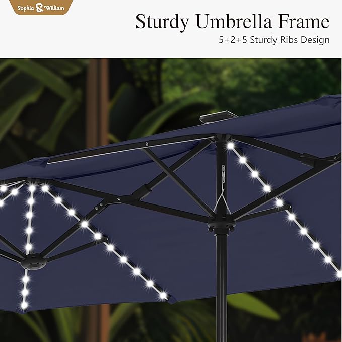 Sophia & William 13ft Outdoor Patio Umbrella with Solar Lights, Large Double-sided Umbrella with LED Lights, Perfect for Garden, Deck, Pool, Navy Blue
