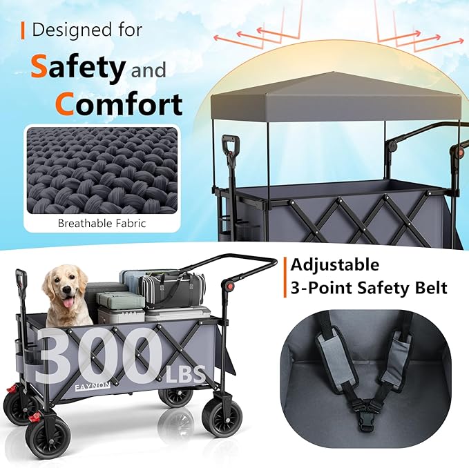 3 in 1 Collapsible Wagon with 300lbs Weight Capacity,150L Heavy Duty Utility Cart with Removable Canopy,with Big All-Terrain Beach Wheels & Drink Holders,Gray