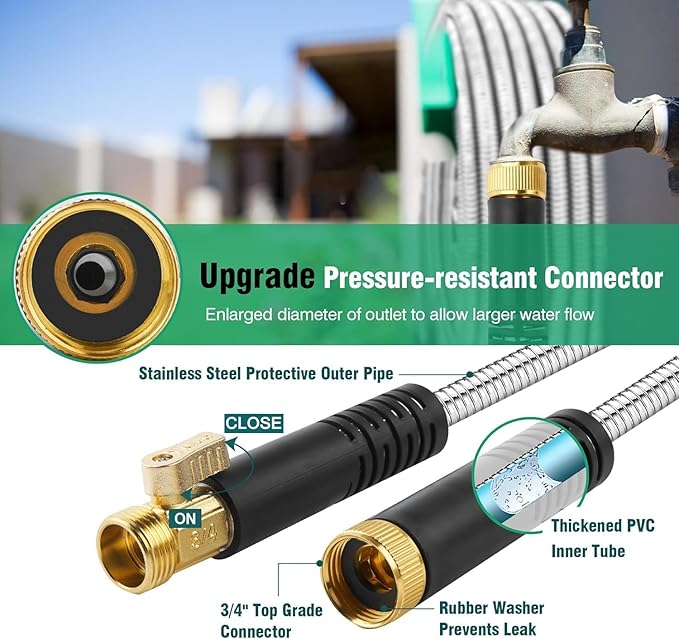 150Ft Metal Garden Hose durable stainless steel Water Hose, flexible, lightweight hose is resistant to kinks and tangles.With 10-way nozzle, strong 3/4” metal fittings, and a Stop Valve.