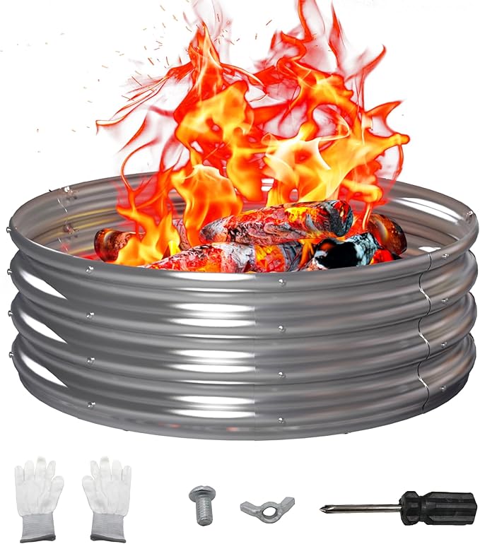 36 Inch Outdoor Fire Pit Ring, Round Galvanized Portable Fire Pit for Camping, Metal Steel Bonfire Fire Ring for Outside, Backyard